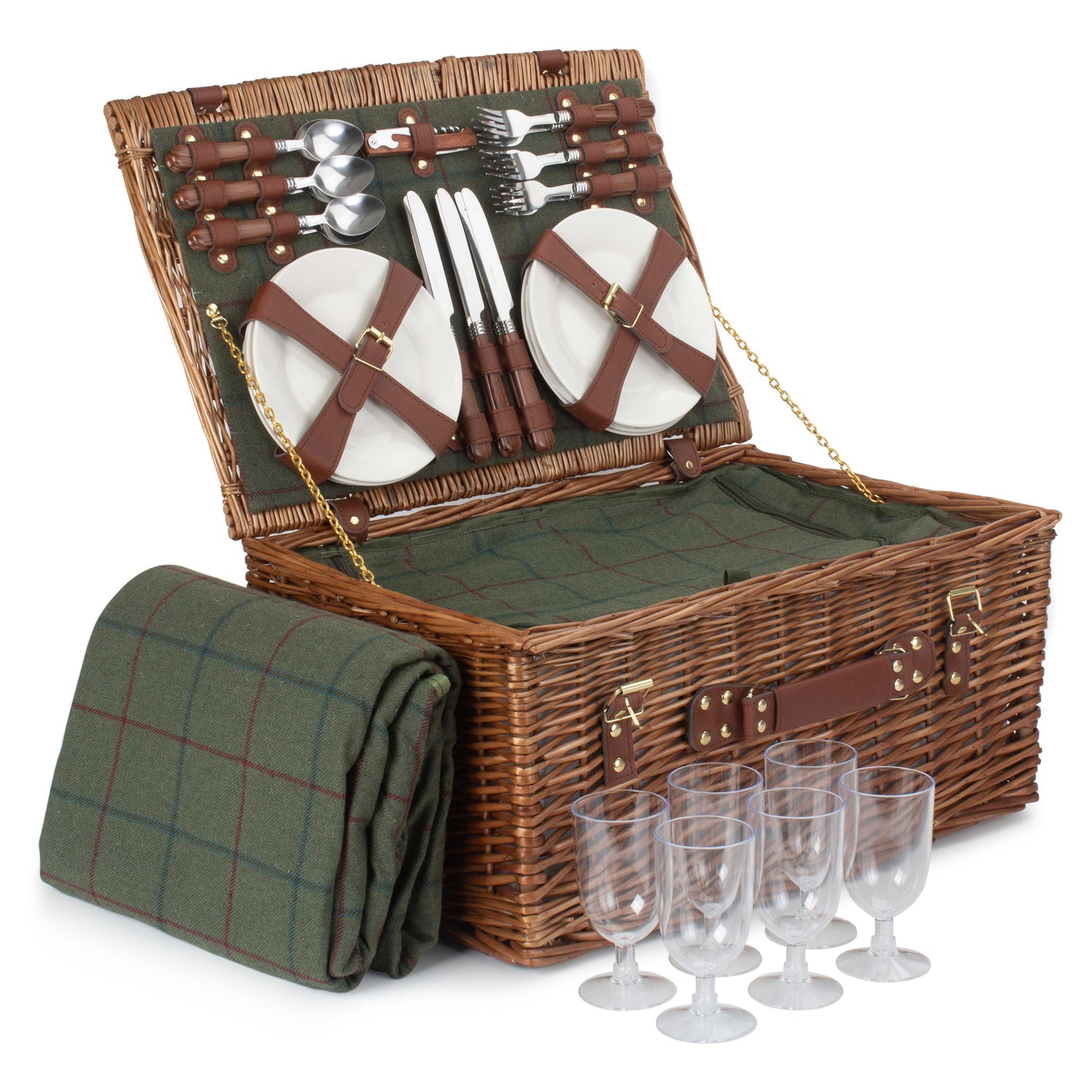 6 person picnic hamper green tweed