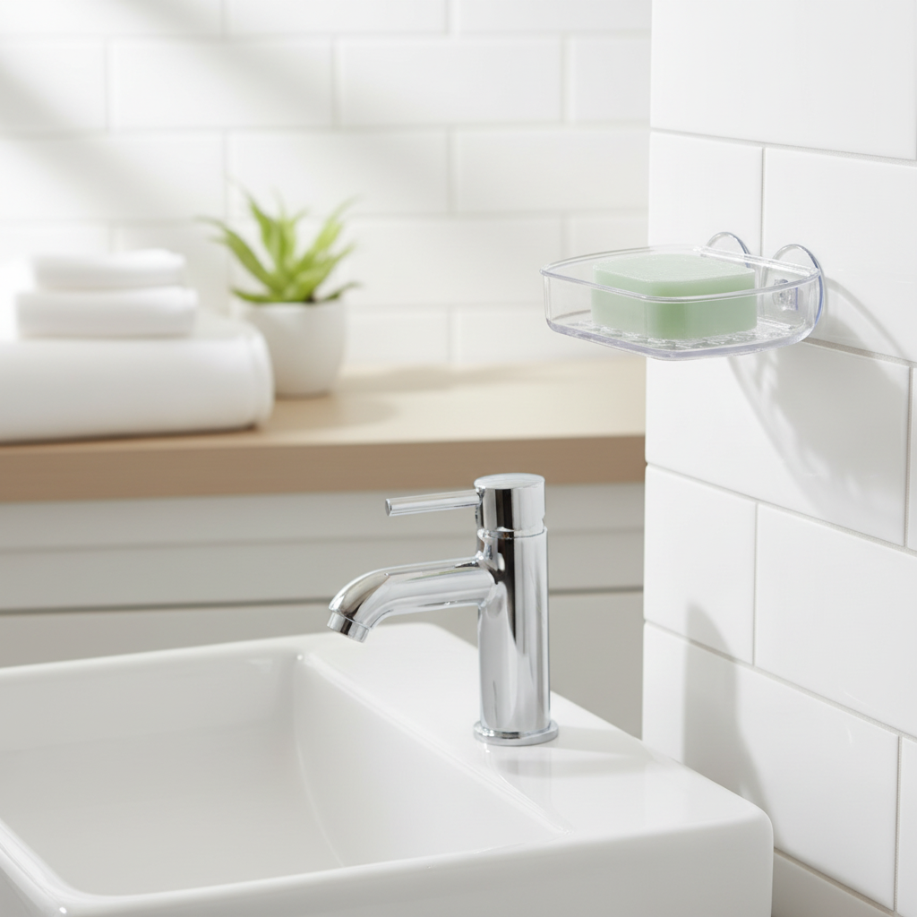 Bathroom sink with faucet and soap dish, white tiles in the background