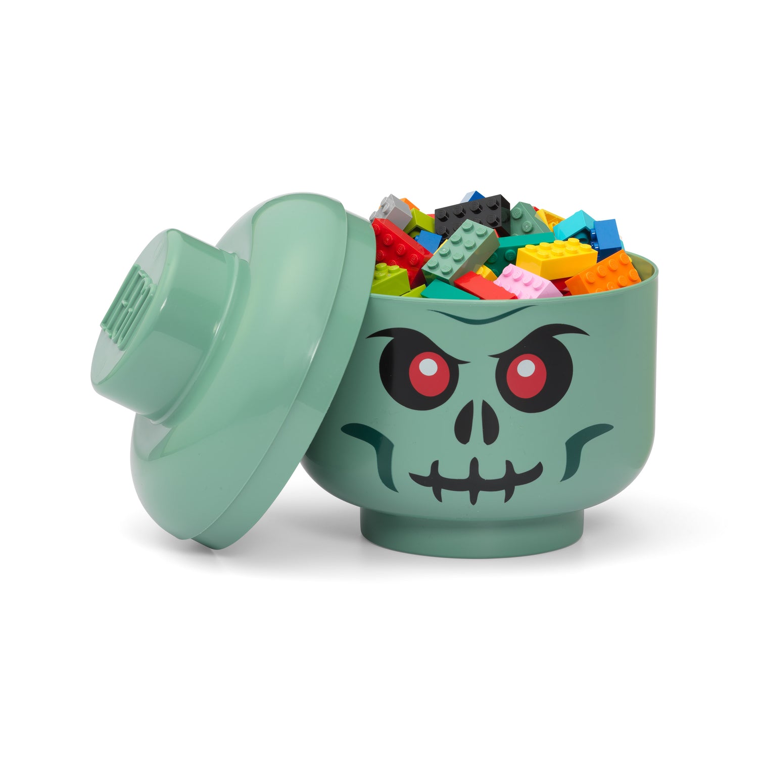 giant lego storage head small spooky green skeleton