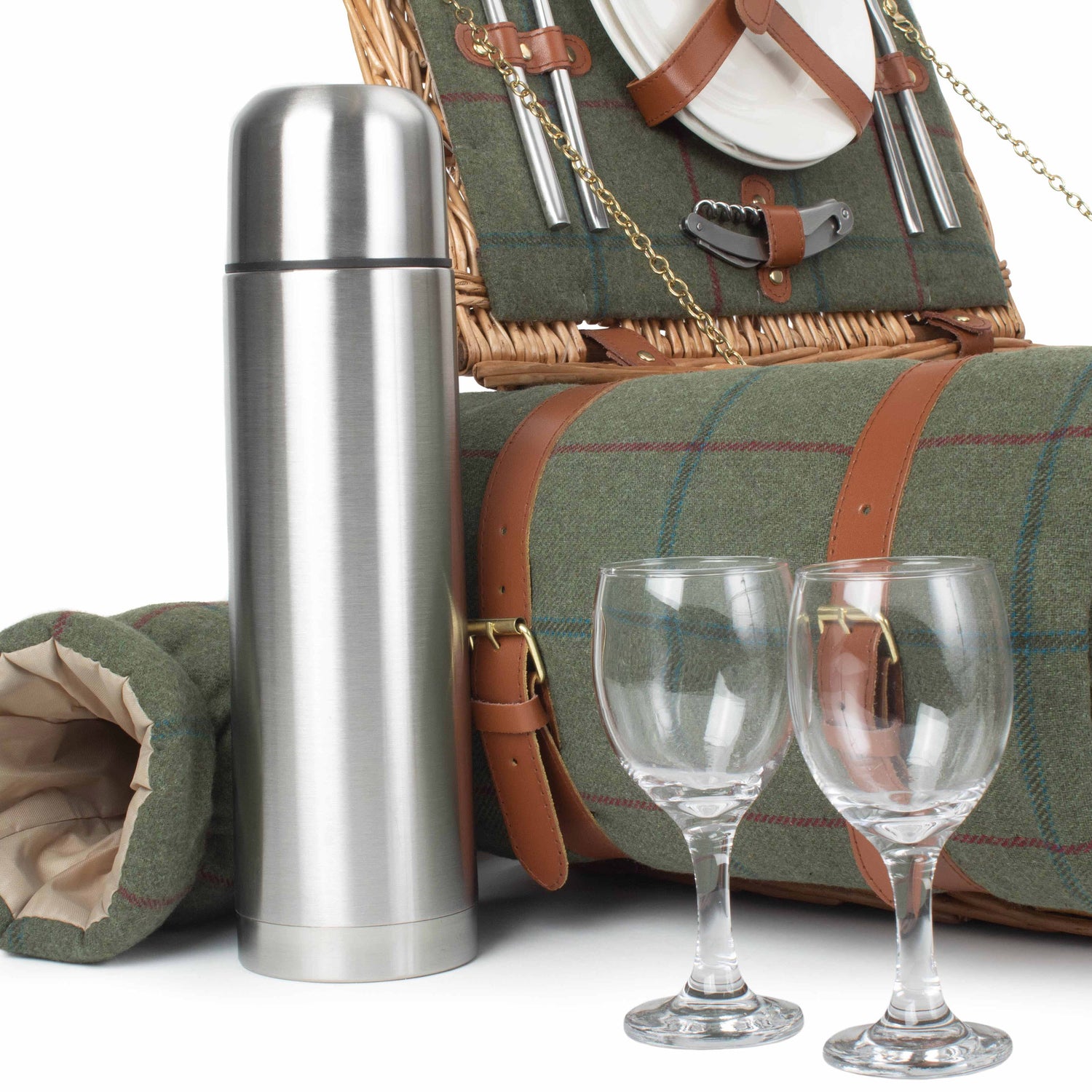 Deluxe 2 Person Picnic Hamper Green Tweed - Not A Boring Box