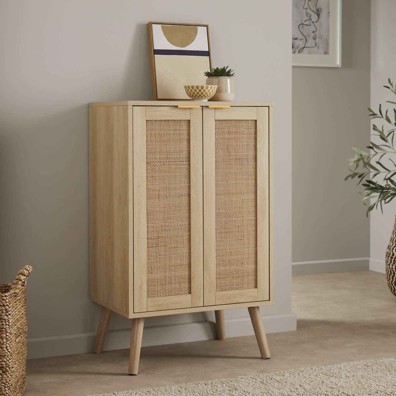 oak effect rattan shoe storage cabinet