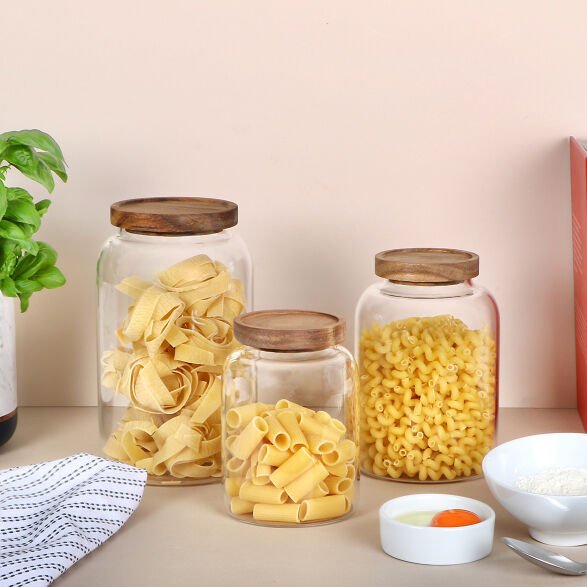 Wide Glass Storage Jar with Acacia Lid - Not A Boring Box APFE