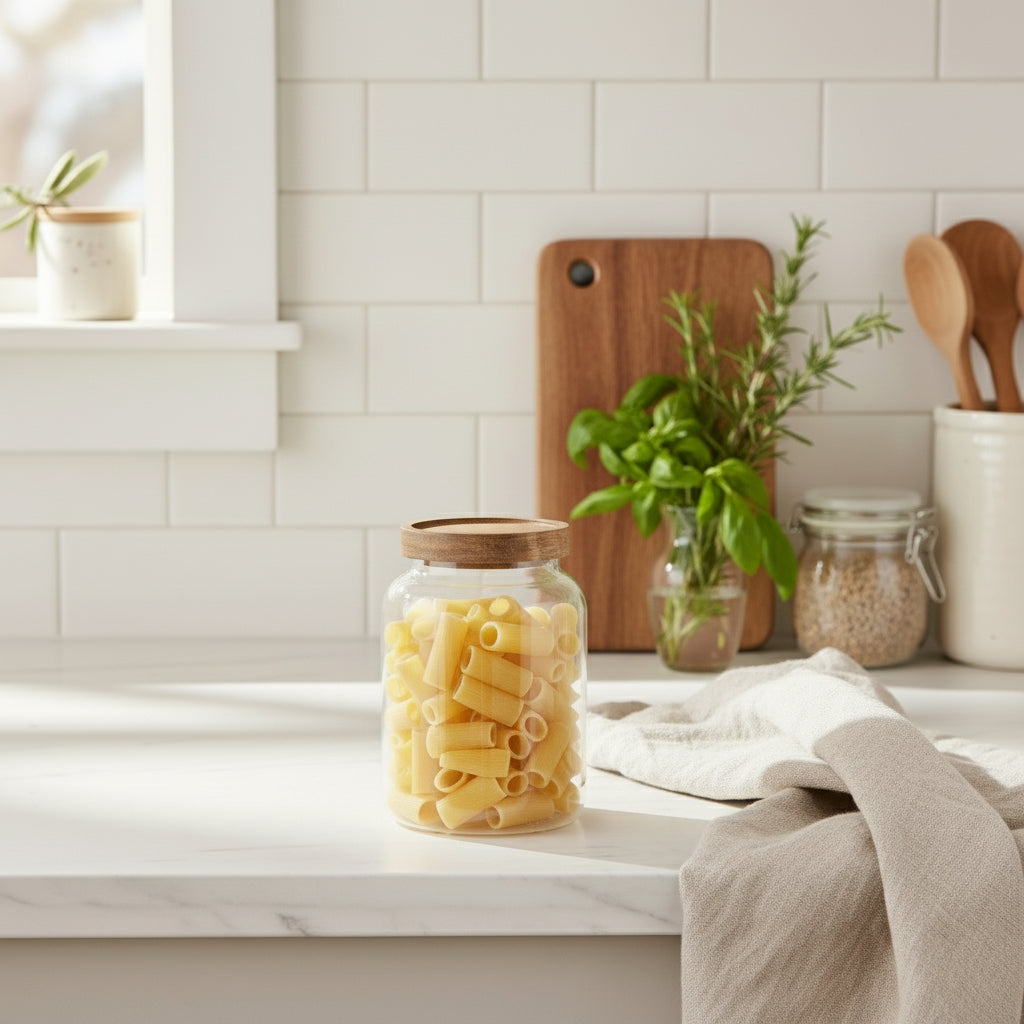 Wide Glass Storage Jar with Acacia Lid - Not A Boring Box APFE