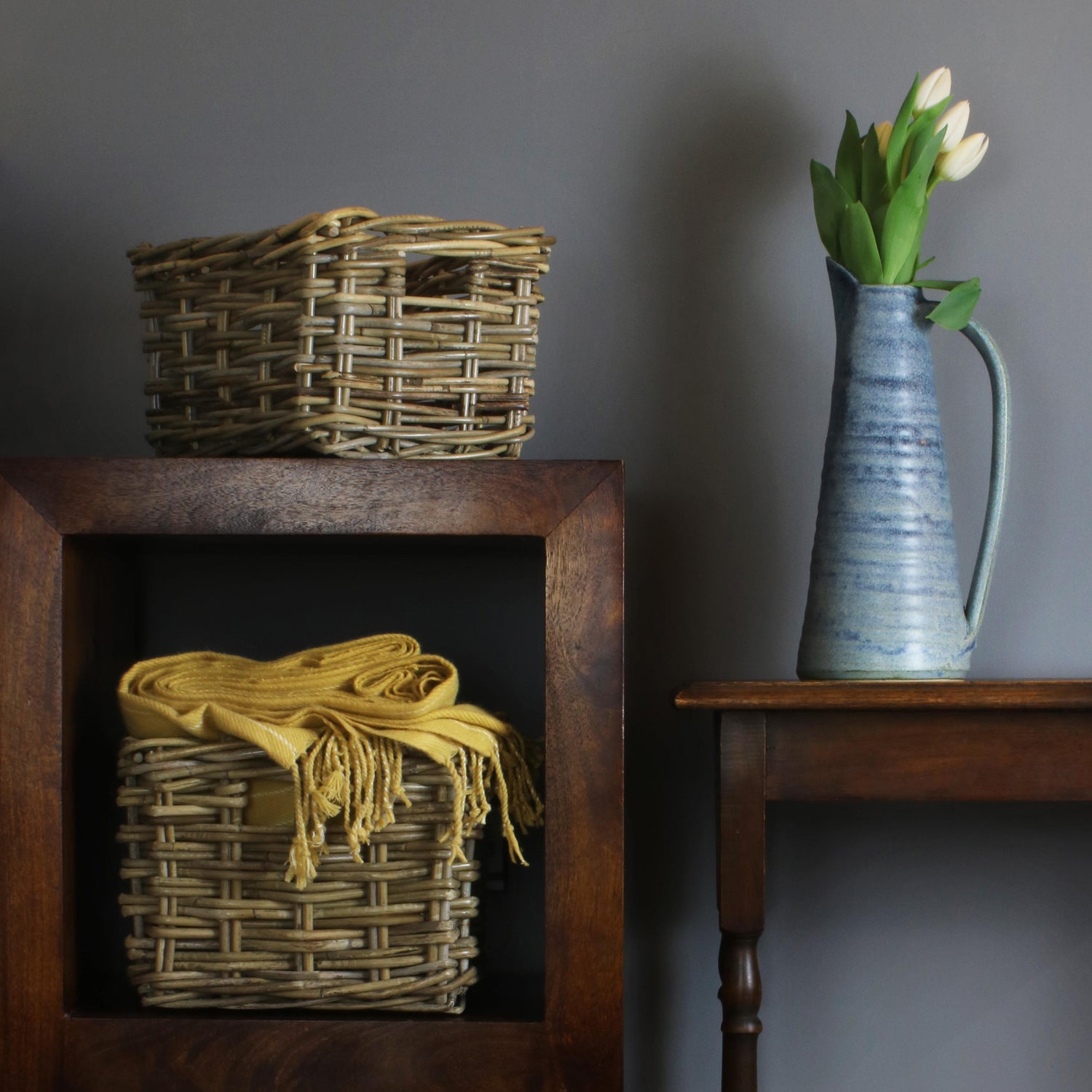 Rectangular Grey Rattan Pantry Basket Small