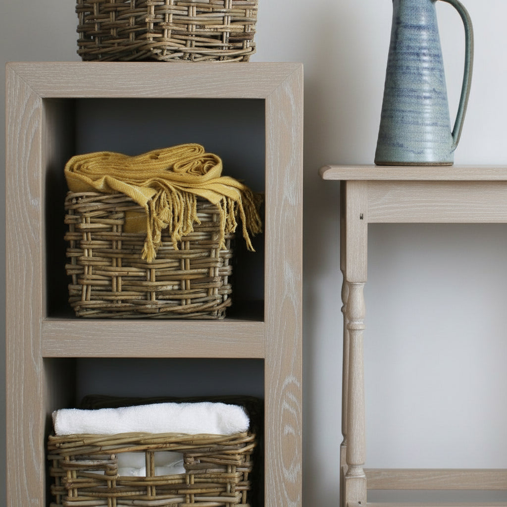 Wooden shelf with woven baskets and a yellow scarf, next to a wooden table with a ceramic pitcher.