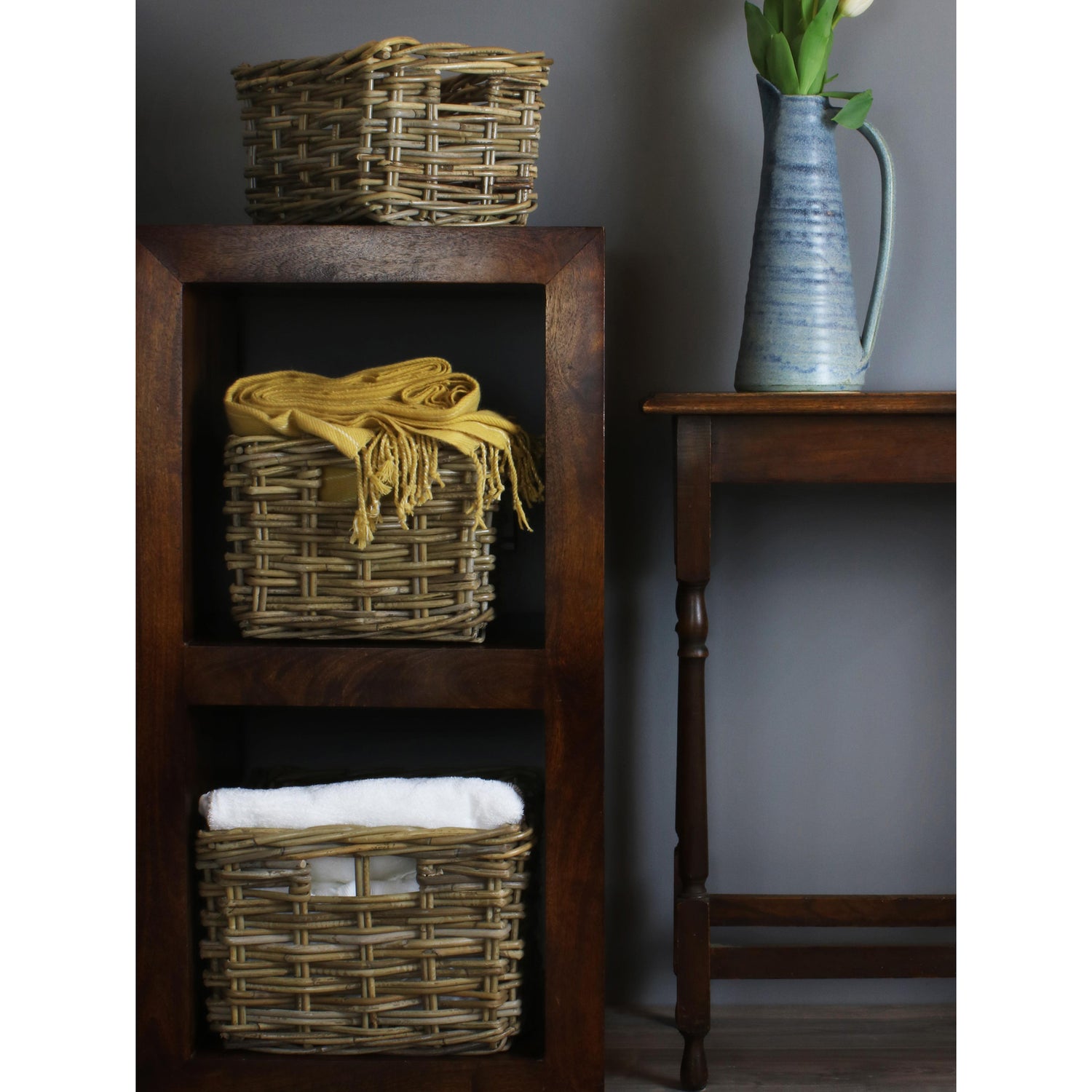 Rectangular Grey Rattan Pantry Baskets Set Of 3