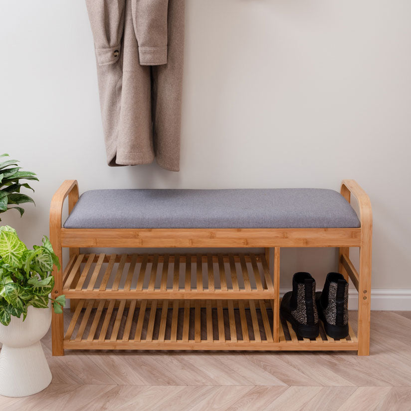 bamboo storage bench with double shelf
