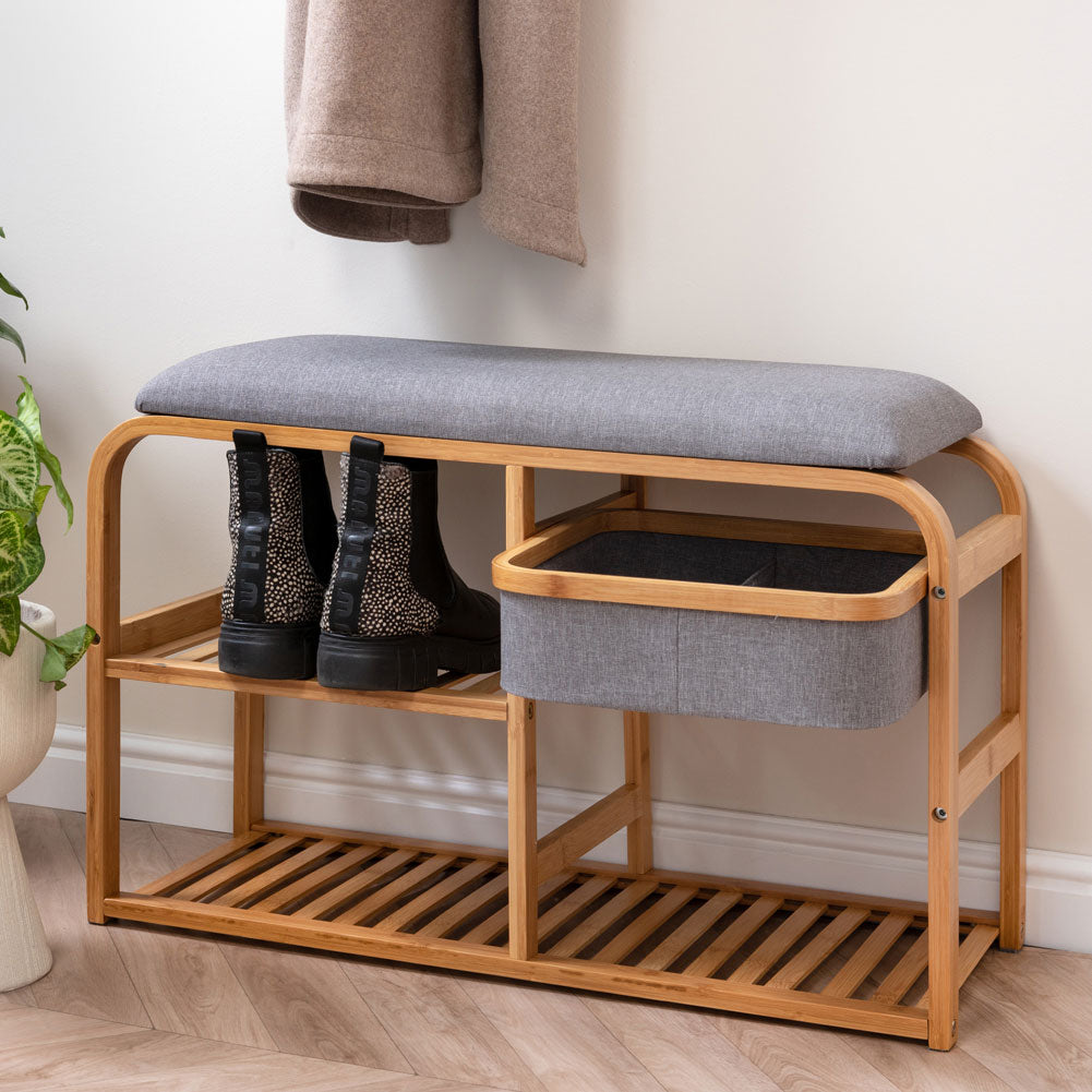 Bamboo Bench With Shelves And Drawer - Not A Boring Box