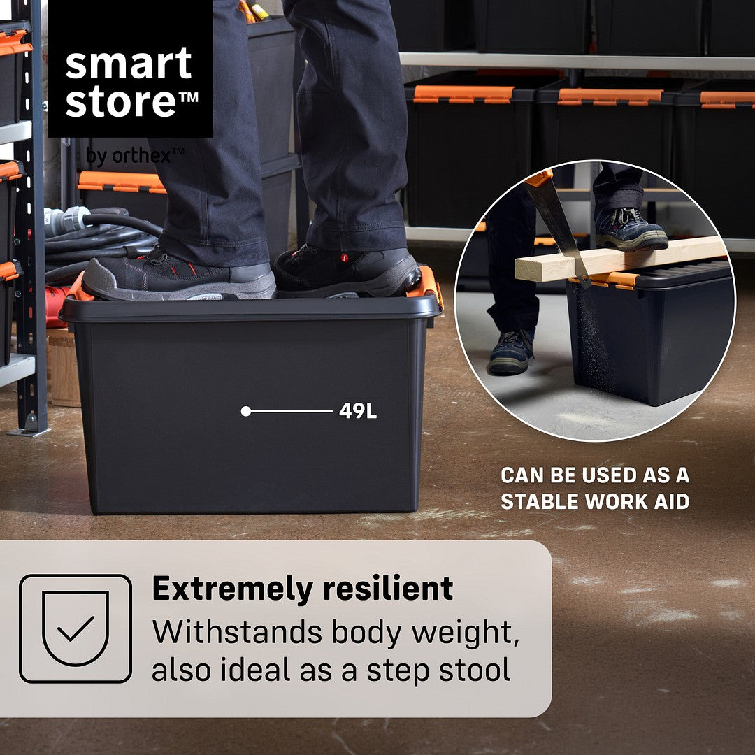 Black storage bin with text highlighting its resilience and multiple uses in a workshop setting.