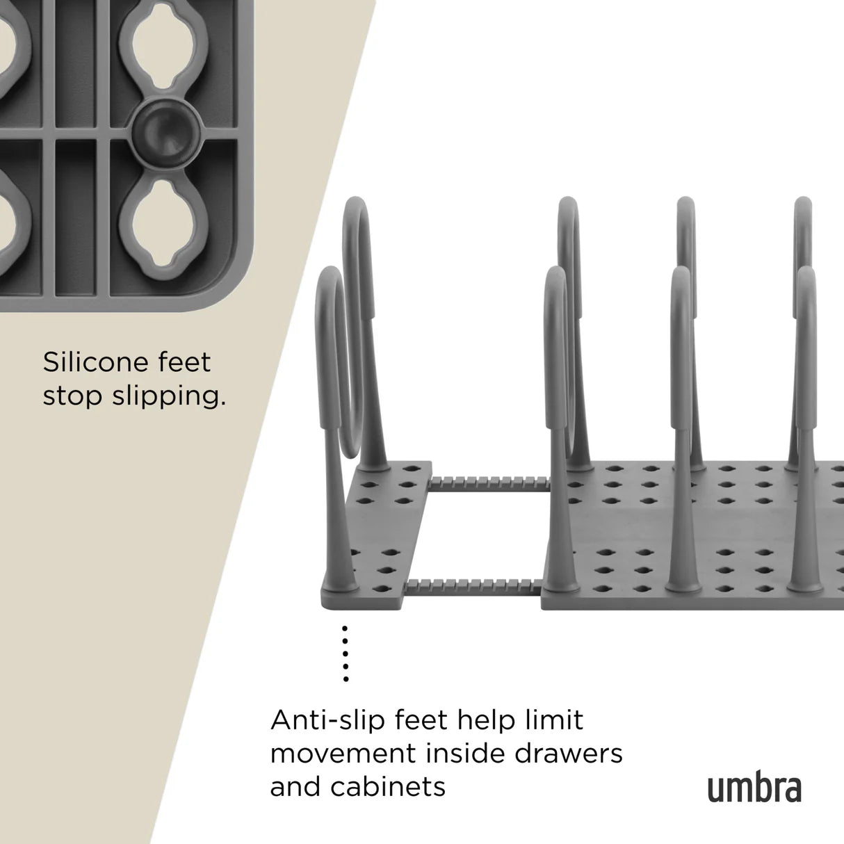 Gray kitchen rack with silicone feet on a white background, featuring the Umbra brand.