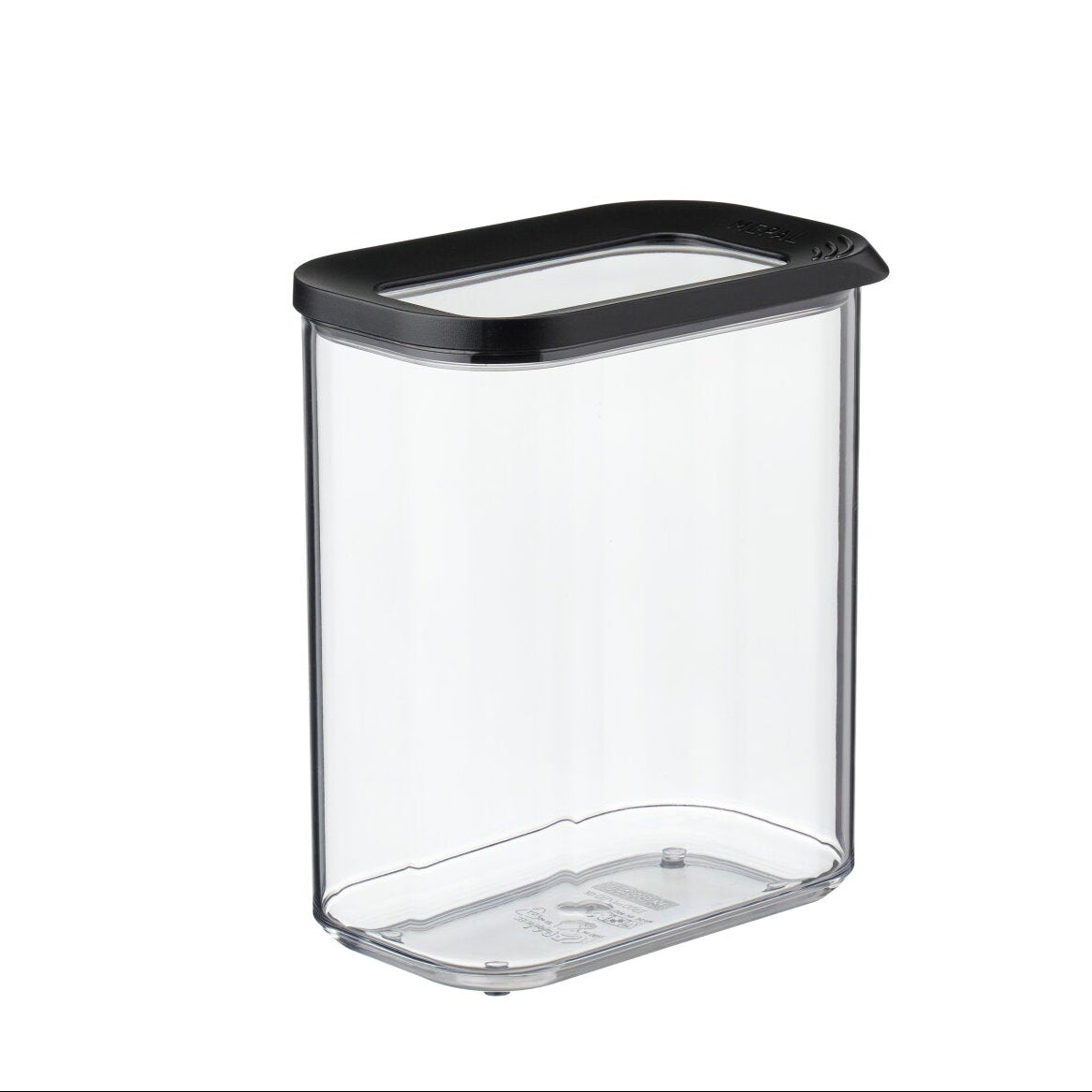 Clear storage container with black lid on a white background