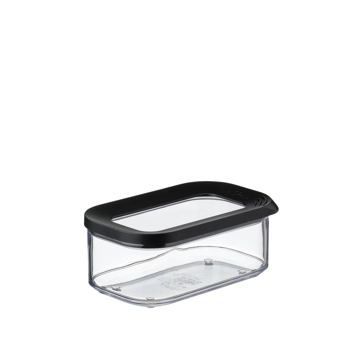 A clear plastic rectangular food storage container with a black lid, shown on a plain white background.