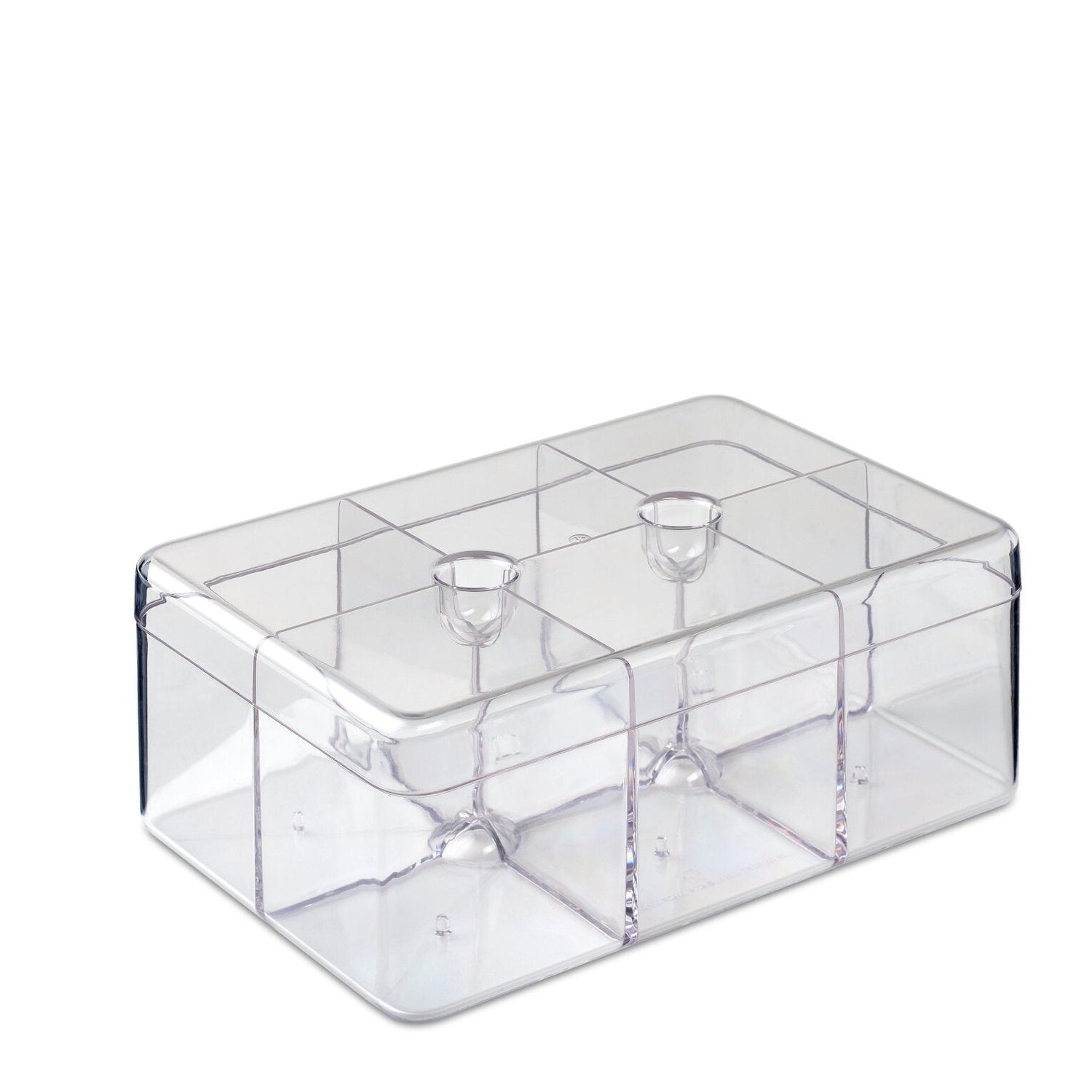 Clear plastic organizer with compartments on a white background