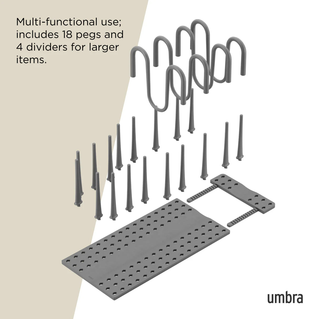 Gray pegboard system with pegs and dividers on a white background, featuring the Umbra brand.