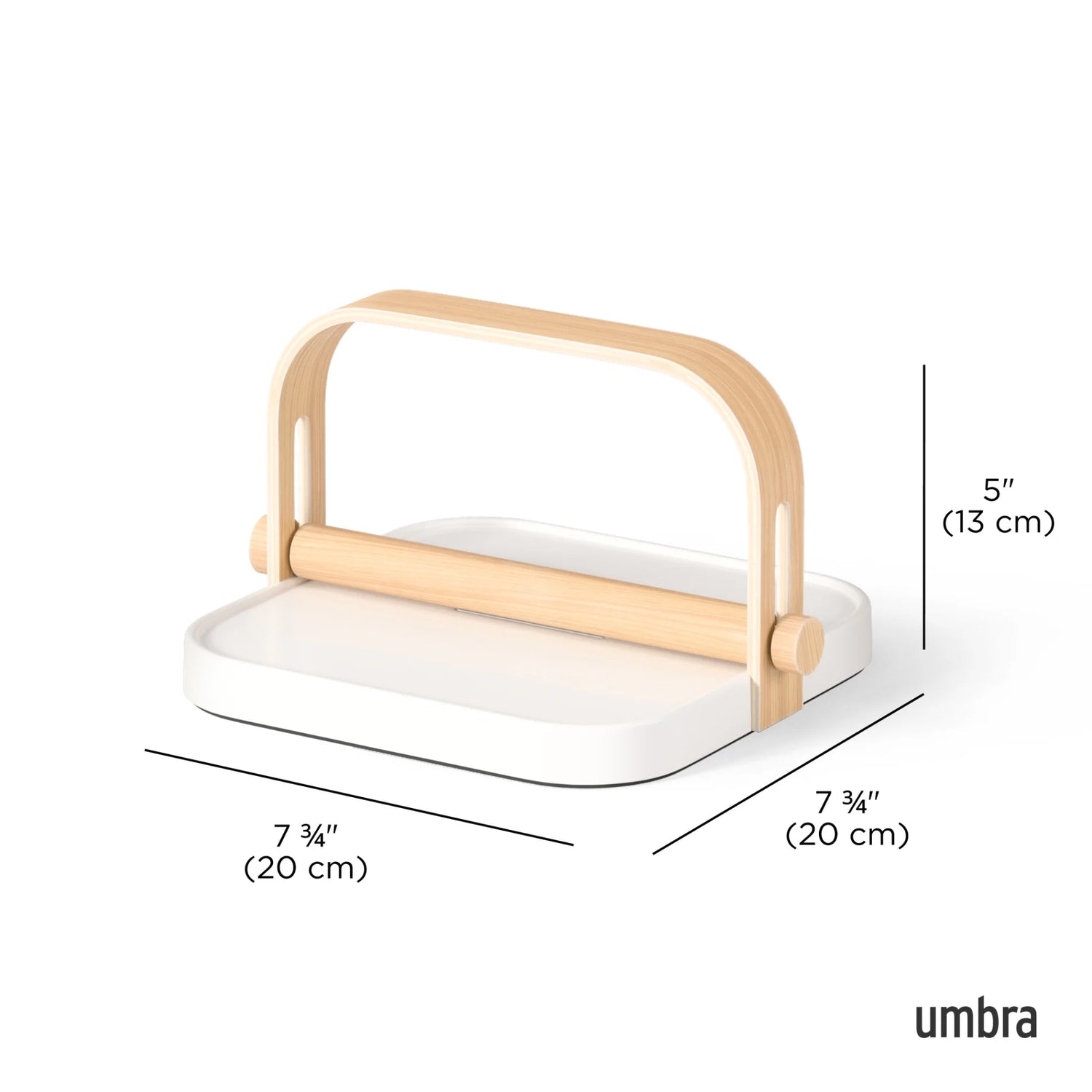 White soap dish with wooden holder and dimensions labeled, featuring the Umbra brand.