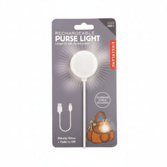 Kikkerland rechargeable purse light packaging on a gray background