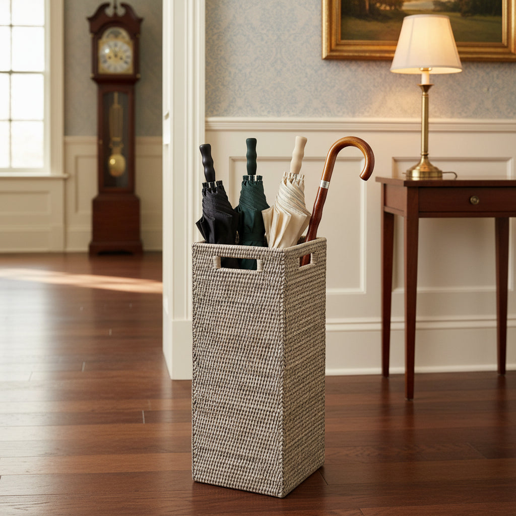 Wicker basket with umbrellas in a room with wooden floor and furniture