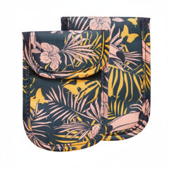Floral patterned pouch with a visible brand label on a white background