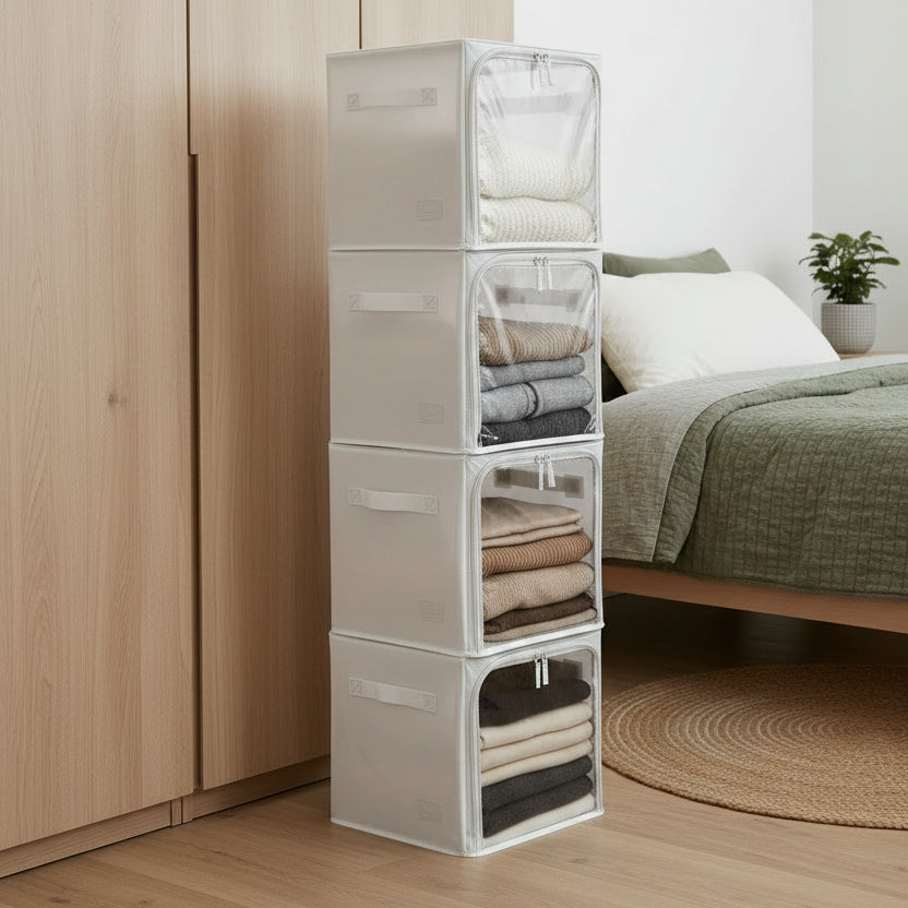 4 x Collapsible Stacking Storage Cubes - Light Grey