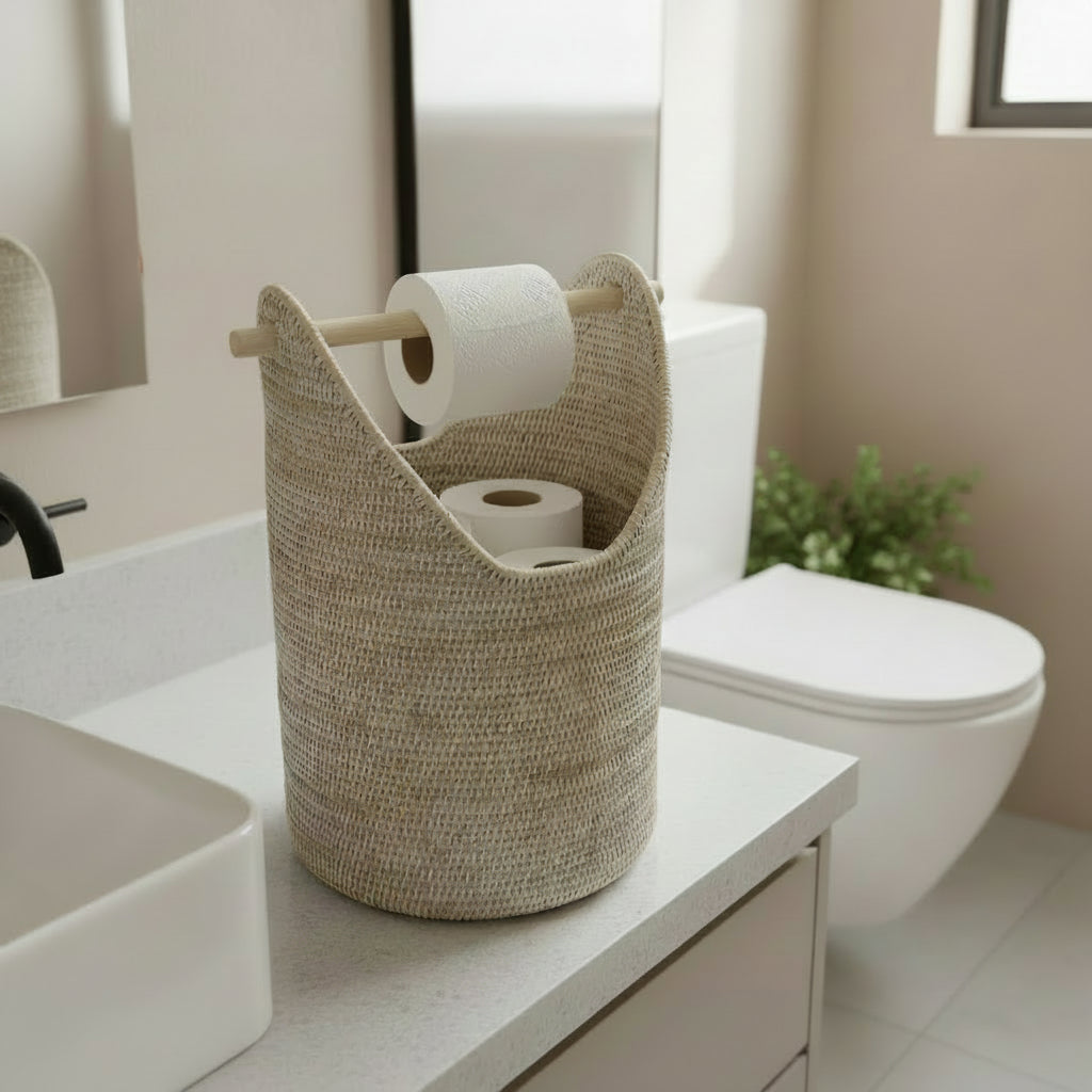 Beige woven basket with toilet paper on a bathroom counter