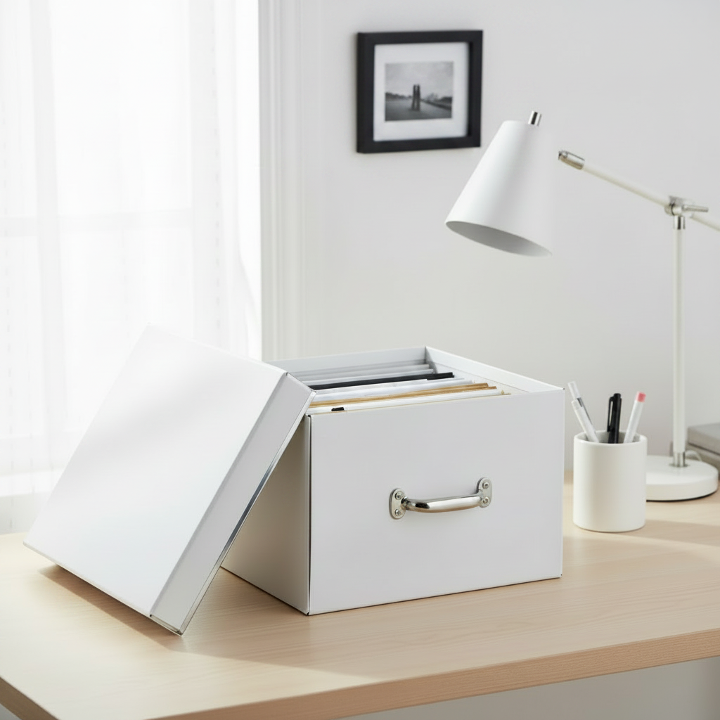 White storage box with a handle on a gray background