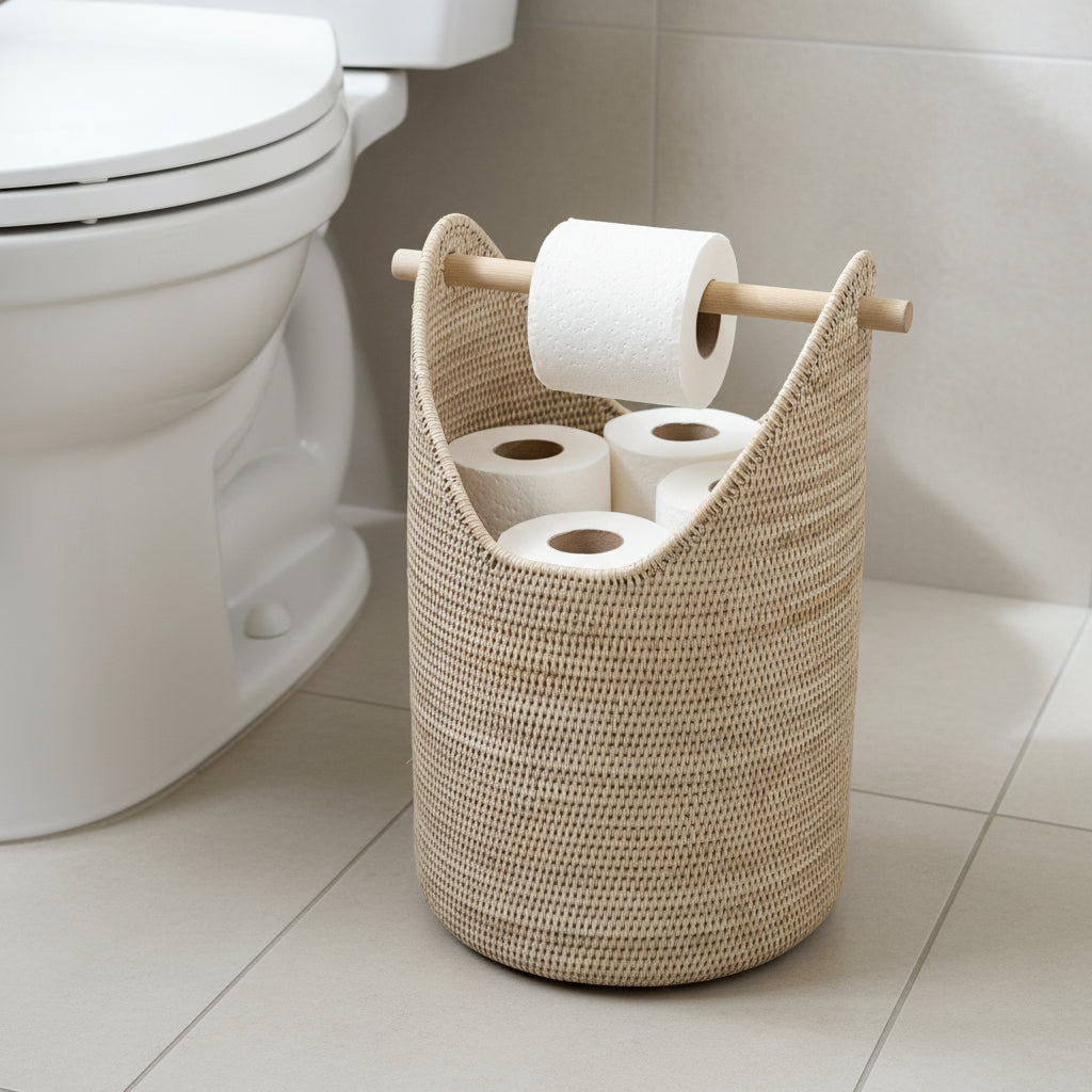 Woven basket holding toilet paper rolls next to a toilet in a bathroom.