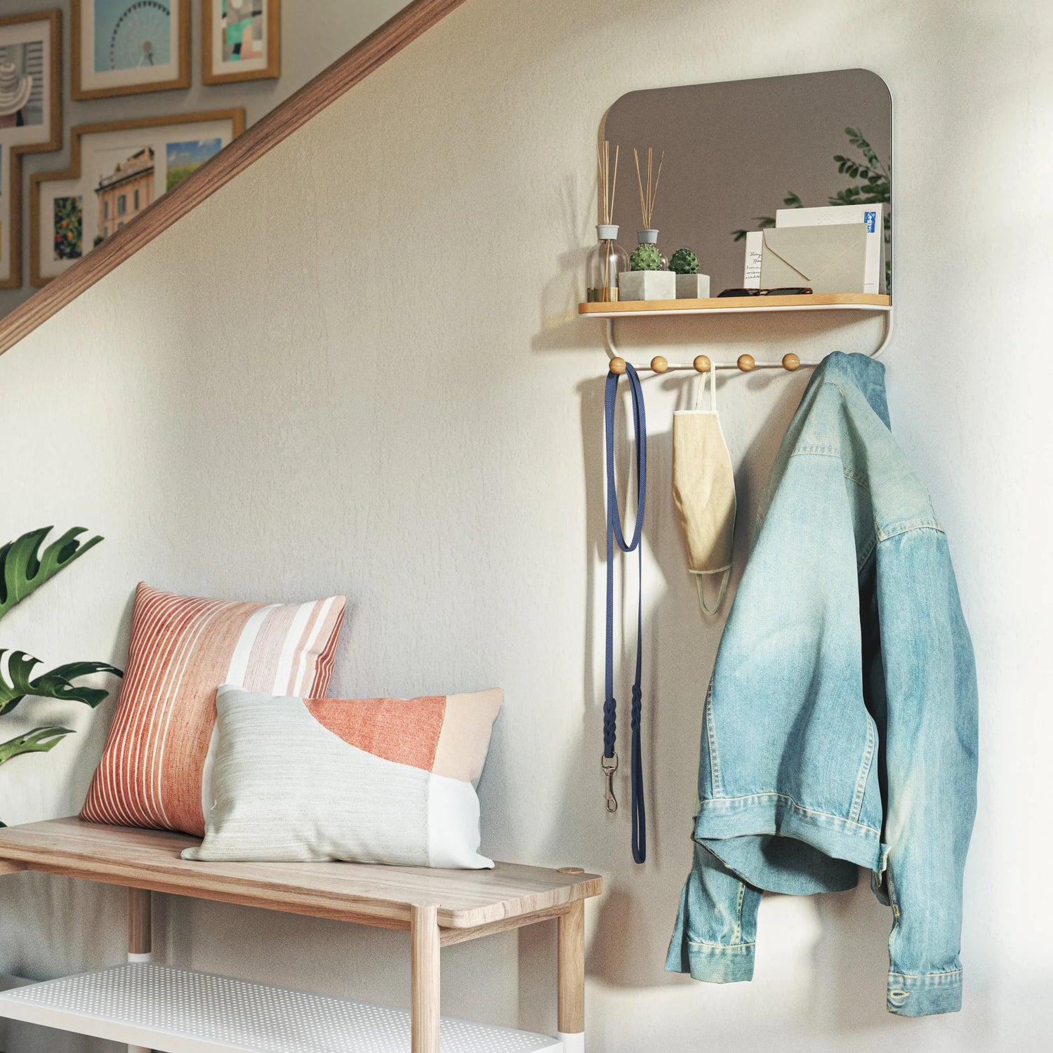 Mirror With Storage Hooks And Tray - Estique