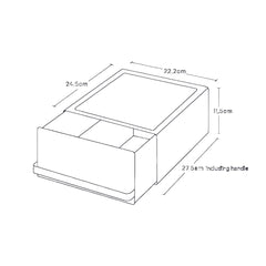 Technical drawing of a rectangular object with dimensions labeled