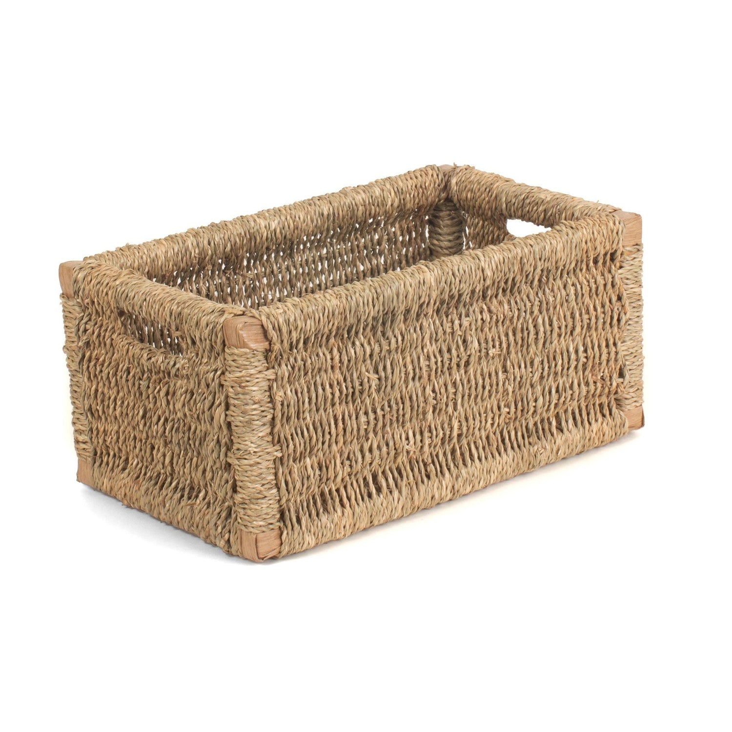 Woven seagrass storage basket on a white background
