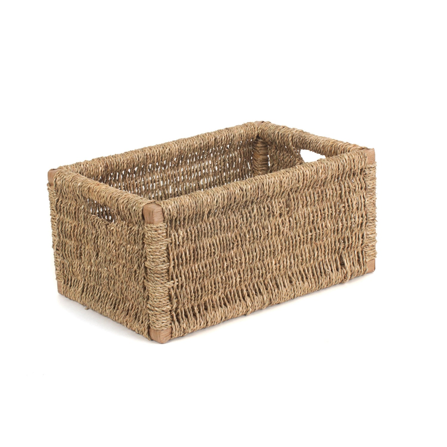 Woven rectangular basket on a white background