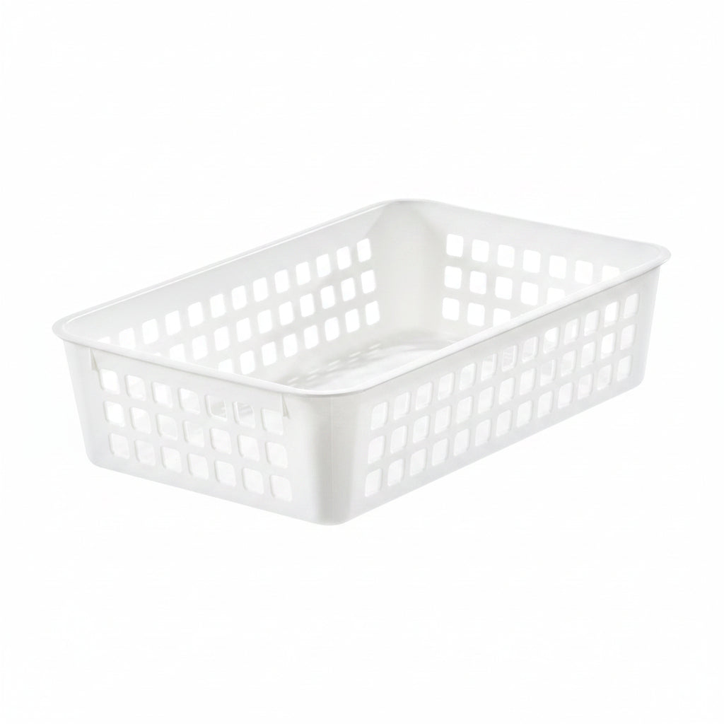 White rectangular plastic basket on a white background
