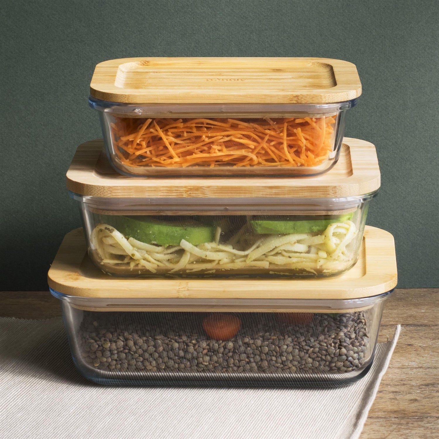 Rectangular Glass Container with Bamboo Lid - Set of 3