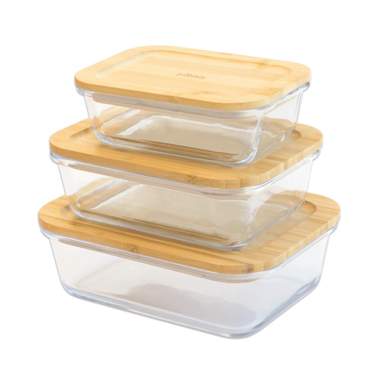 Rectangular Glass Container with Bamboo Lid - Set of 3