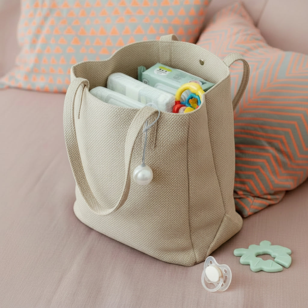 Black leather bag with a white ball on a beige surface