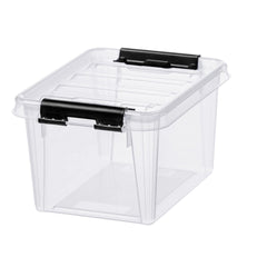 Clear storage box with black handles on a white background
