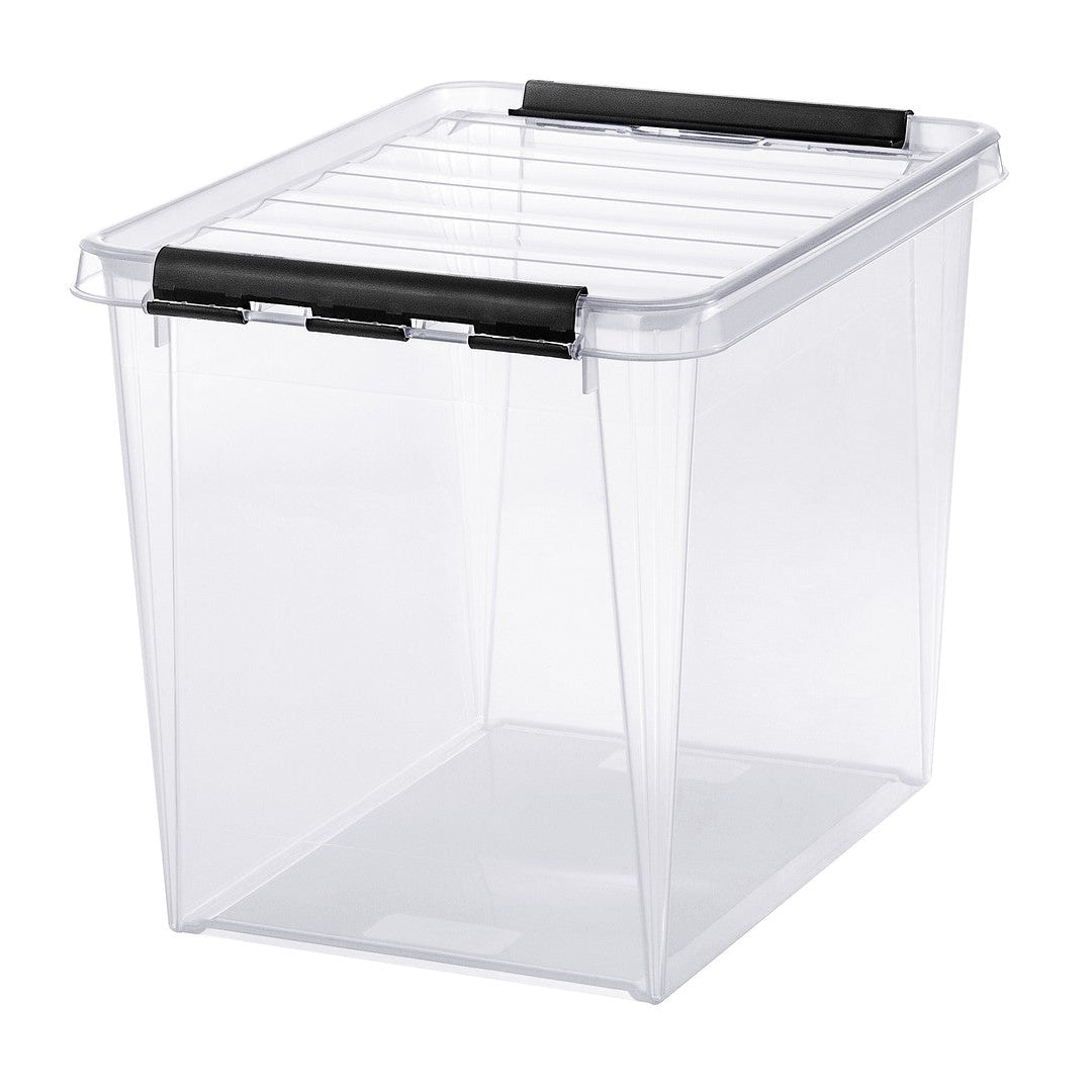Clear storage box with black handles on a white background