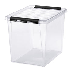 Clear storage box with black handles on a white background