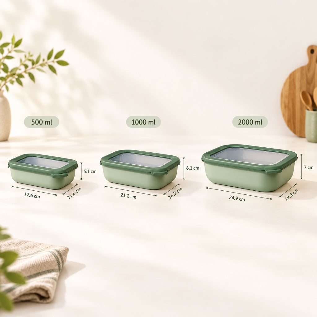 Three rectangular glass storage containers in green are shown on a light surface with printed size labels above each: 500 ml, 1000 ml, and 2000 ml. The containers have translucent lids and are photographed in a styled kitchen-like setting with plants and utensils in the background.