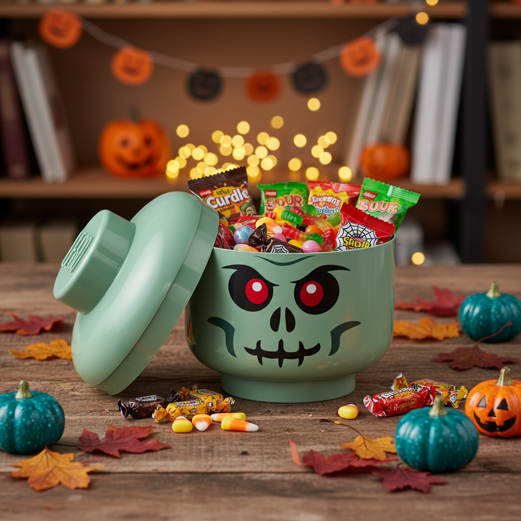 Green toy container with skull design filled with colorful blocks on a white background
