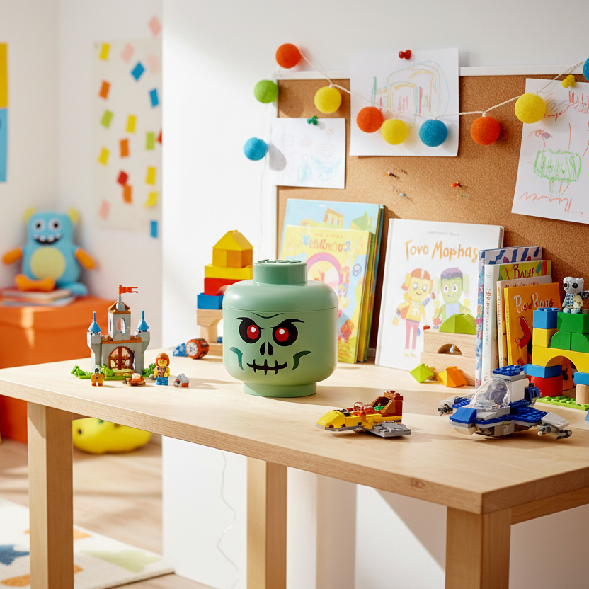 Green container with a face design on a white background