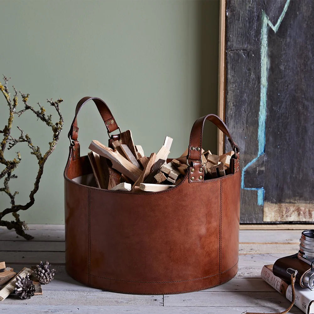 Leather Storage Basket Round