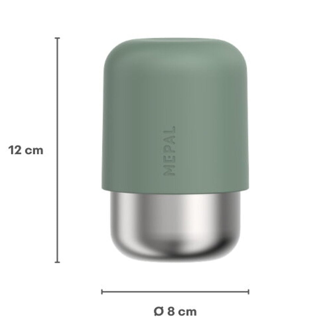 Green thermos bottle with dimensions on a white background