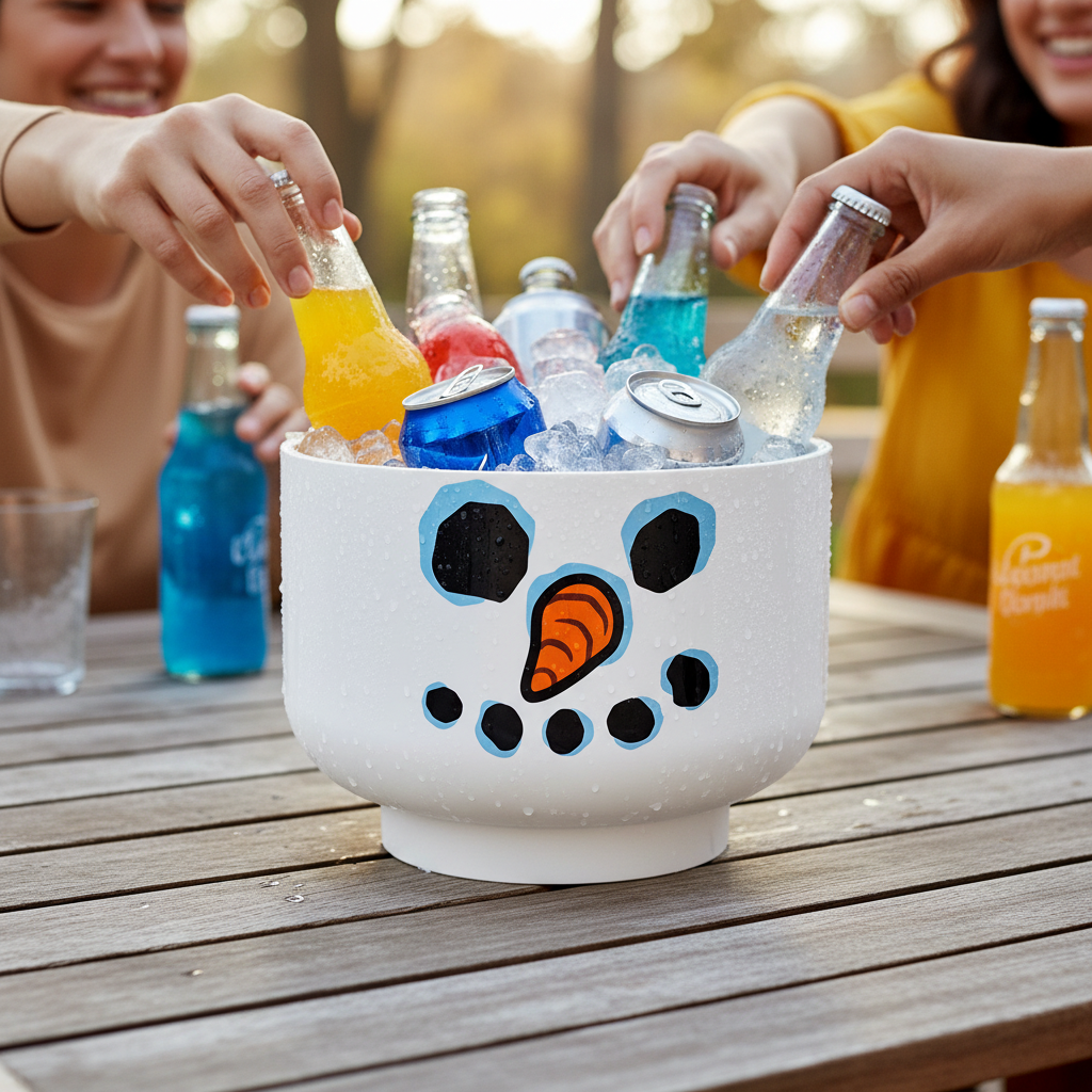 White container with a snowman face design on a transparent background