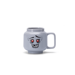 Gray mug with a cartoon face design on a white background