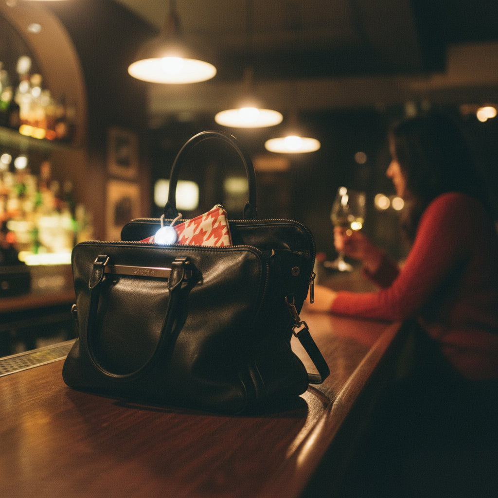 Black handbag with items including a red and white patterned bag and a phone, on a wooden surface.