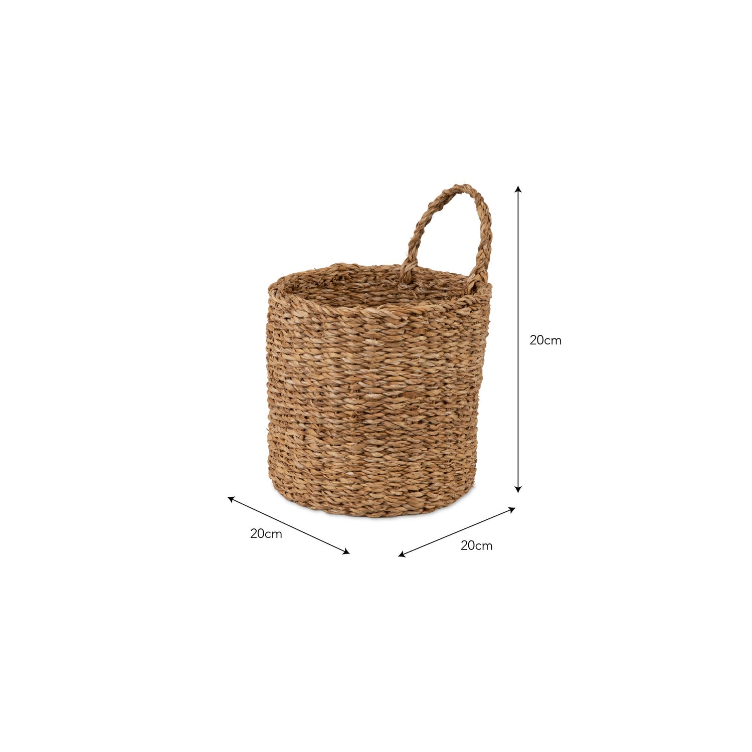 Woven basket with dimensions on a white background