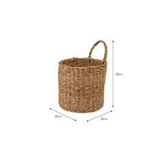Woven basket with dimensions on a white background