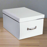 White storage box with a silver handle on a white background