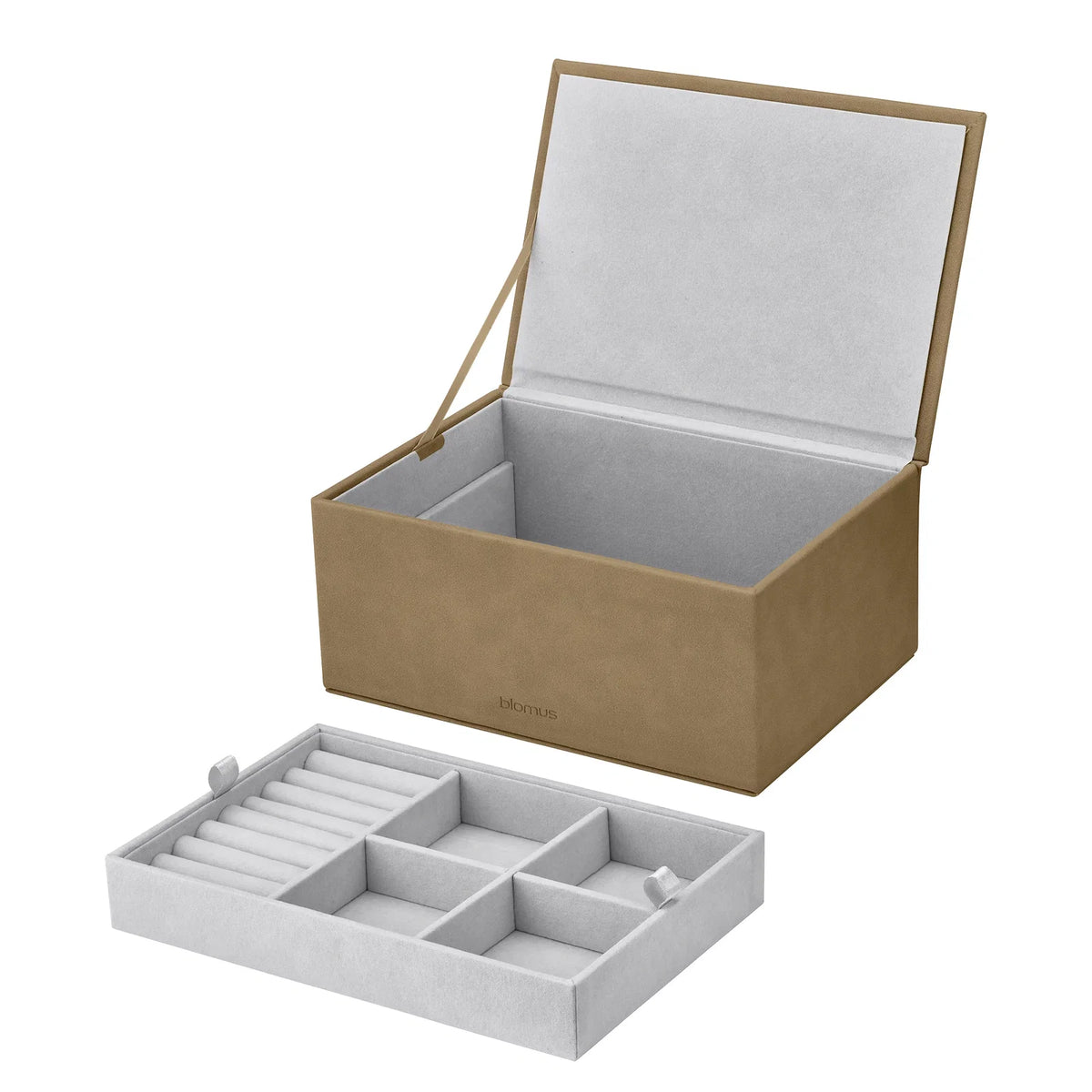 Jewelry box with a gray interior and beige exterior, featuring a jewelry tray with compartments.