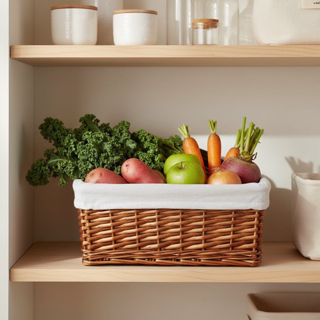 Wicker basket with a white liner on a white background